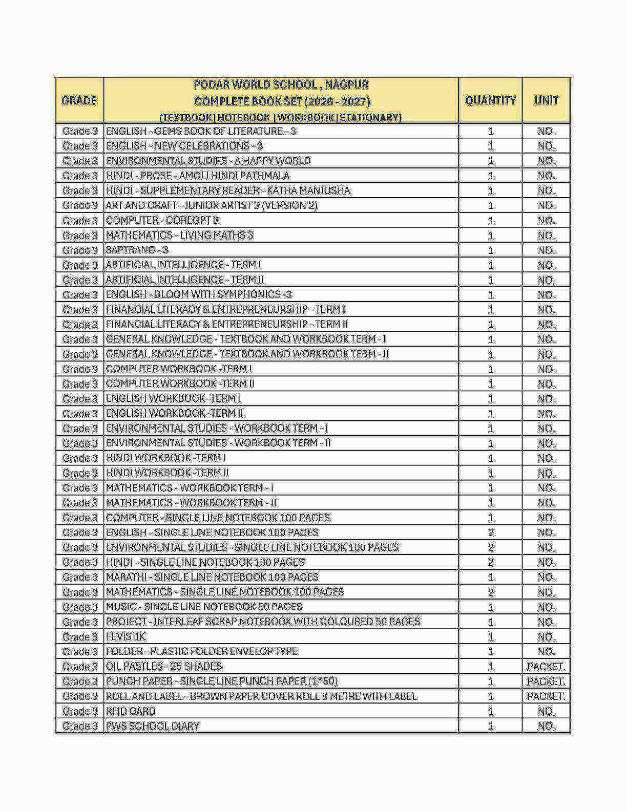 CBSE Grade 3 (Podar World School  Nagpur) (A.Y. 2026-27)