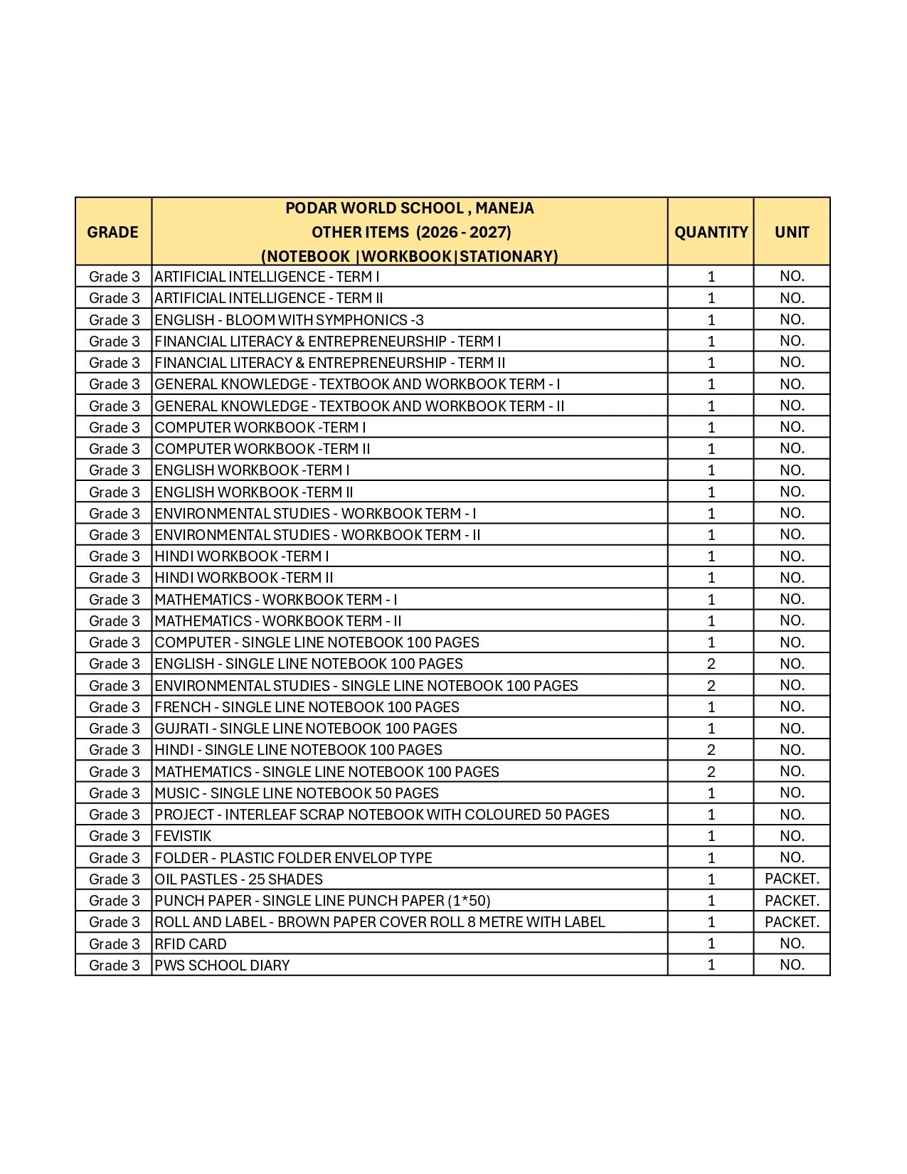 CBSE Grade 3 (Podar World School Maneja) (A.Y. 2026-27)